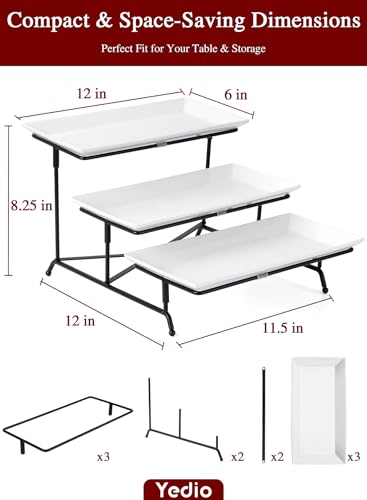 3 Tier Serving Trays for Party, Porcelain Serving Platters and Trays, 12 Inch Tiered Tray Stand, Fruit Tray, Trays for Serving Food, White Dessert Stand with Collapsible Sturdier Metal Rack