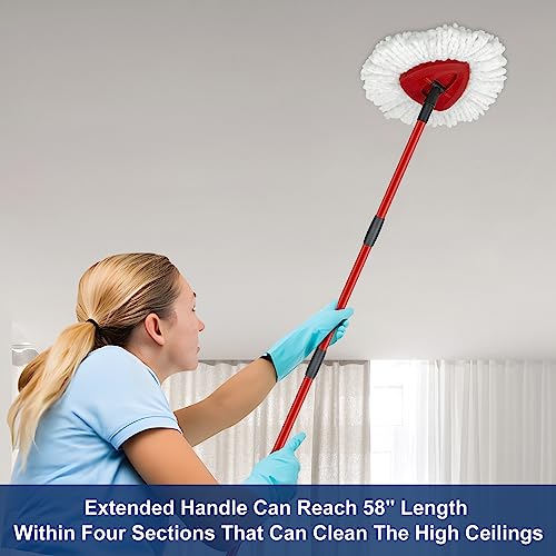 Mop Replace Heads Mop Handle and Base Replacement for O Cedar EasyWring 1-Tank Spin Mop System, 2 Microfiber Mops Refills, 4-Section Iron Mop Handle 30-58Inch and 1 Mopping Heads Cover Set (No Bucket)