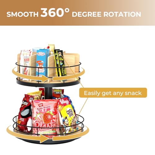 Snack Organizer - Versatile Snack Storage 2 Tier Lazy Susan with Convenient Grab-and-Go Design, Wood and Metal Snack Holder for Home, Office, Breakroom, 12.13" L x 12.13" W x 12.56" H