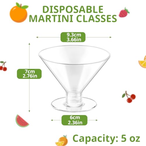 Meolibour 50 Pcs Disposable Plastic Martini Glasses for Parties 5oz, Unbreakable Clear Cocktail Dessert Parfait Glasses, Mini Martini Cups for Wedding Party Bowl Wine Ice Cream