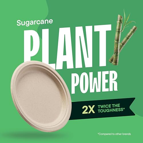100% Compostable Paper Plates, Heavy Duty Disposable Plates 125-Pack 9 Inch Plates - Eco-Friendly, Biodegradable Sugarcane Bagasse - Unbleached Brown