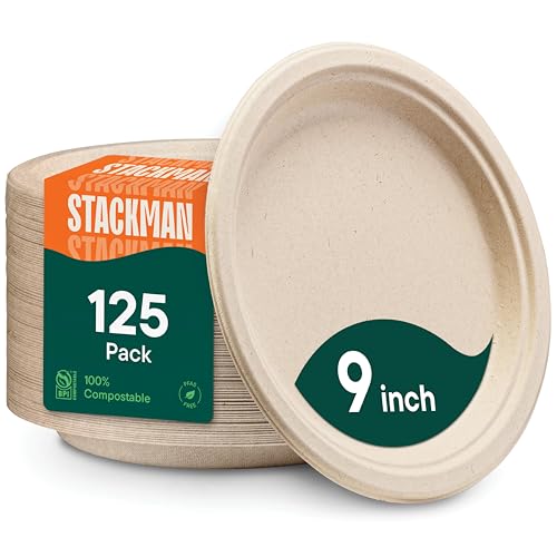 100% Compostable Paper Plates, Heavy Duty Disposable Plates 125-Pack 9 Inch Plates - Eco-Friendly, Biodegradable Sugarcane Bagasse - Unbleached Brown