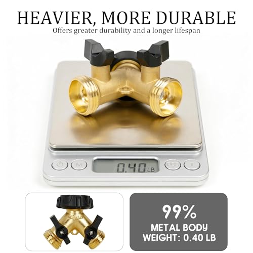 Hourleey Brass Garden Hose Splitter 2 Way, 3/4 Inch Hose Connector Tap Splitter, Hose Y Splitter, Hose Spigot Adapter 2 Valves with Extra Rubber Washers