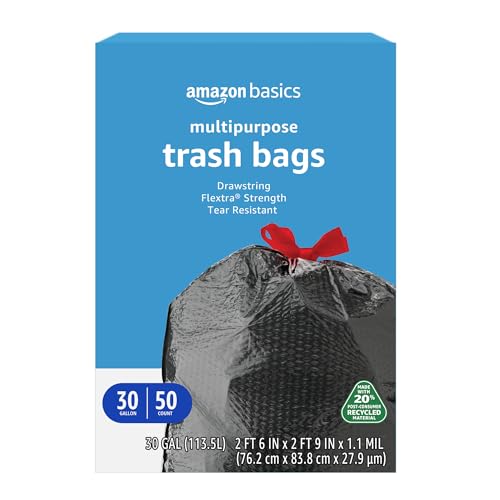 Basics 30 Gallon Flextra Strength Multipurpose Drawstring Trash Bags, 20% Post Consumer Recycled Material, Tear Resistant, Black, 50 Count
