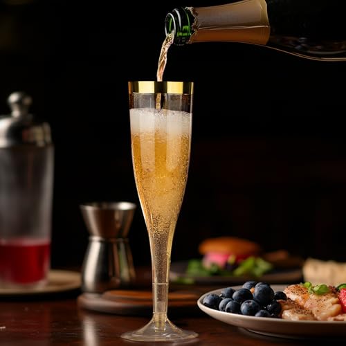 Goodluck 36 Pack 6.5 oz Plastic Gold Glitter Champagne Flutes with Gold Rim, Disposable Champagne Toasting Glasses for Wedding, Engagement, Party, Mimosa Bar