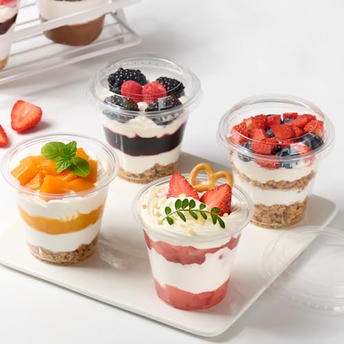 50 Pack 9 oz Plastic Dessert Cups with Lids, Small Plastic Yogurt Parfait Cups, Mini Round Party Serving Cup for Pudding, Fruit, Cake, Appetizer, Dessert Shot Glasses