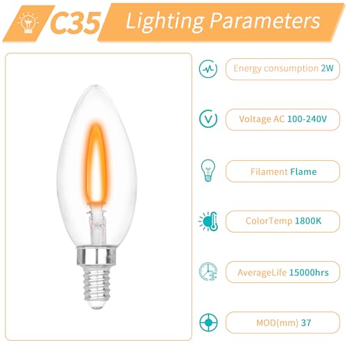 HEWA-Tech E12 Base (Miniature Screw) C35 Flame Tip Flicker Bulbs - Crystal Clear Candle Light with Orange Glow Effect for Halloween, E12 Non-Dimmable
