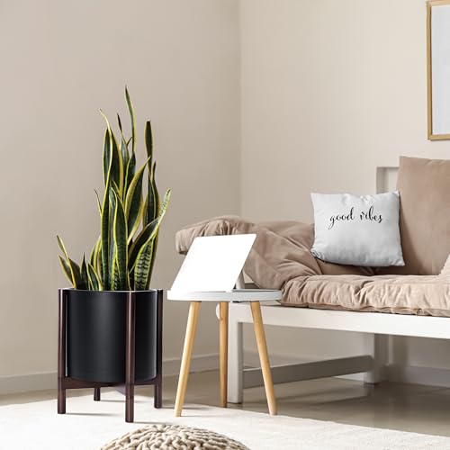 D'vine Dev Planter Pot with Stand - 14 Inch Plastic Cylinder Flower Pot with Wood Planter Holder for Indoor, Matte Black Pot + Walnut Color Stand