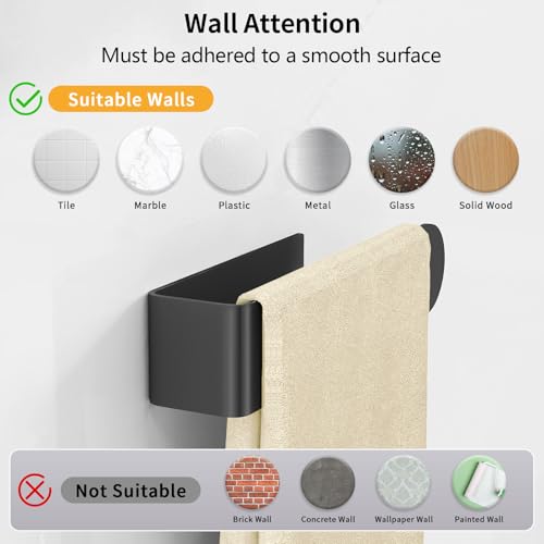 Hand Towel Holder, Self Adhesive Towel Racks for Bathroom Wall Mounted, 8 Inch Square Hand Towel Bar Stick on Wall for Kitchen Cabinet RV, Black (2 Pack)