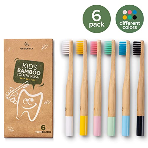 GREENZLA Kids Bamboo Toothbrushes, Natural Toothbrush Set, Soft Bristles, Durable Charcoal Wooden Brushes, Compostable Design for Toddlers and Children, 6 Pack