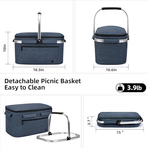 ALLCAMP Picnic Basket - 2 Ice Box Included 32L Insulated Cooler, Thickening Foldable Picnic Basket with Removable Baskets & Sewn-in Frame, Basket for House Warming Gifts New Home(Blue)