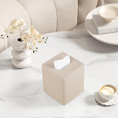 Tissue Box Cover Square with Magnetic Closure, PU Leather Tissue Box Holder for Bathroom NightStands Livingroom, Decorative Modern Square Tissue Holder (Beige)