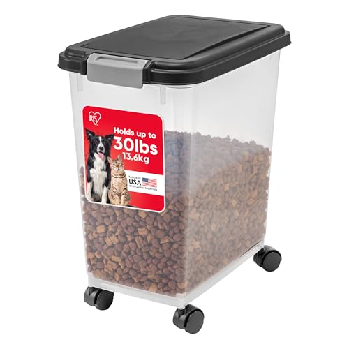 IRIS USA Airtight Dog Food Storage Container, Up to 30 lbs, Attachable Wheels, for Dog Cat Bird and other Pet Food Storage Bin, Keep Fresh, Easy Mobility, BPA Free, Black