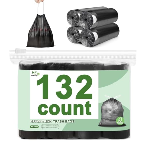 132 Count Small Trash Bags, 4 Gallon Drawstring Garbage Bags, Bathroom Wastebasket Liners, Tear-Free Plastic Bags for Toilet Home Office and Bedroom (Black)