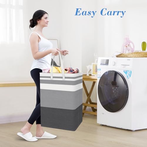 BlissTotes 3-Pack Laundry Basket, Freestanding&Waterproof Laundry Hamper, Collapsible Tall Clothes Hamper with Easy Carry Handles for Clothes, Towels in the Family and Dorm,Gradient Grey,75L