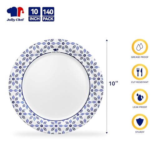 JOLLY CHEF 10 inch Disposable Paper Plates 140 Count, Soak Proof, Cut Proof, Heavy Duty Paper Plates for Everyday Use