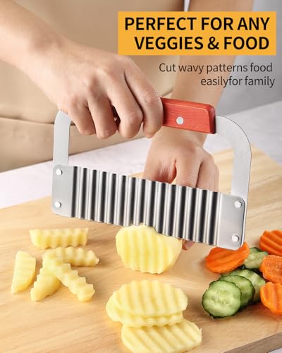 Crinkle Cutter Stainless Steel Potato Slicer Heavy Duty Wavy Crinkle Cutting Chopping Tools with Wooden Handle for Carrot Veggies