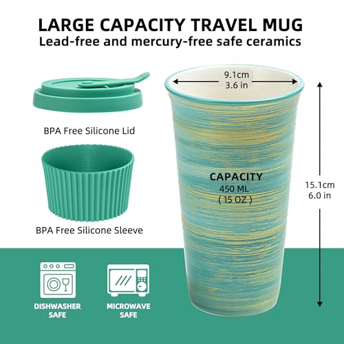 Ceramic Coffee Mug with Lid & Straw, 15oz Handmade Glazed Travel Mug, Microwave & Dishwasher Safe, Fits Most Car Cup Holders, Giftable Mug for Latte, Iced Coffee & Daily Warm Drinks