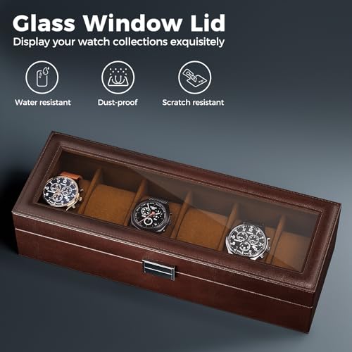 ProCase Watch Box, Fathers Day Gift for Dad, 6 Slot Mens Watch Case, Watch Storage Holder Organizer, Watch Display Case with Glass Lid, Anniversary Birthday Gifts -6 Slot, Espresso