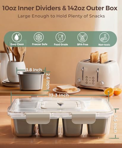 Snackle Box Container with 8 Removable Stainless Steel Compartments Divided Serving Tray with Portable Handle for Beach, Road Trip, Picnic, Boat Days, Ball Games, Pool and Parties