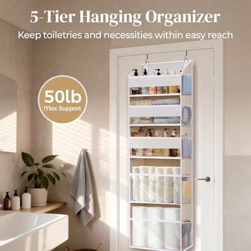 5 Tiers Over the Door Organizer with 10 Mesh Side Pockets, 44 lbs Weight Capacity Closet Hanging Storage Organizer with Large Clear Window Kids Toys