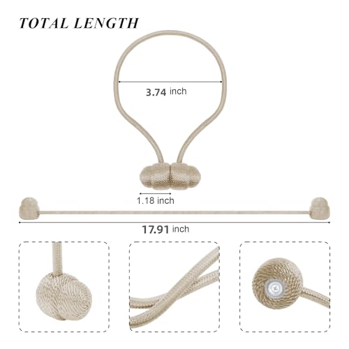 Tifanso Beige Magnetic Curtain Tiebacks - 4pcs Decorative Curtain Tie Backs, No Drill Closure Drapery Tiebacks Holdbacks, Boho Drapes Straps Ropes for Bedroom, Bathroom, Farmhouse Decor