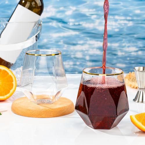 Goodluck 40 PCS Diamond Stemless Plastic Wine Whiskey Glasses, 12 Oz Disposable Cocktail Glasses, Suitable for Weddings, Birthday Parties, Family Gatherings, Bars, etc (Gold rimmed cups)