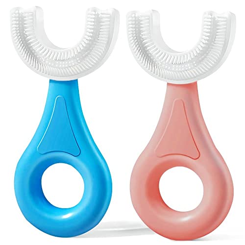 YOTEE U-Shaped Toothbrush Kids 2 PCS - Toddler Toothbrush with Food Grade Soft Silicone Brush Head, Manual Whole Mouth Tooth Brush for Kids Age 2-6(Blue+Pink)