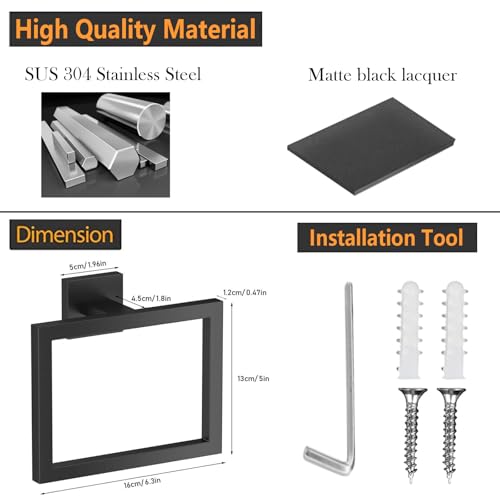 Towel Ring - Thicken SUS 304 Stainless Steel Towel Holder, Towel Racks for Bathroom, Square Modern Design Hand Towel Holder, Contemporary Hand Towel Bar - Matte Black