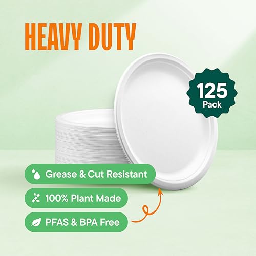 100% Compostable Paper Plates, Heavy Duty Disposable Plates 125-Pack 9 Inch Plates - Eco-Friendly, Biodegradable Sugarcane Bagasse - White Sturdy