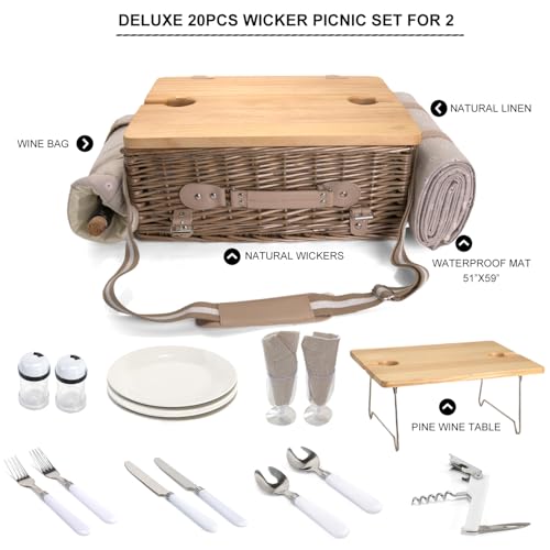 Multifunctional Wicker Picnic Basket Set for 2 with Blanket and Picnic Table, Insulated Picnic Set with Full Tablewares for Camping Outdoor Couples, Flowers