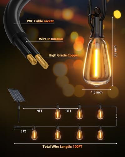 Brightown 100FT Solar String Lights Outdoor, 31+2 Shatterproof LED Bulbs