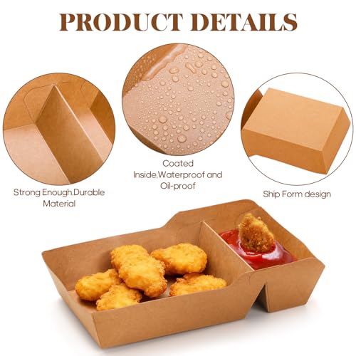 SOUJOY 100 Pack Food Serving Tray, 2 Compartment Disposable Kraft Nacho Boat Tray, Grease Resistant Heavy Duty Paperboard, Take Out Fast Food Snack Holder Container for Party
