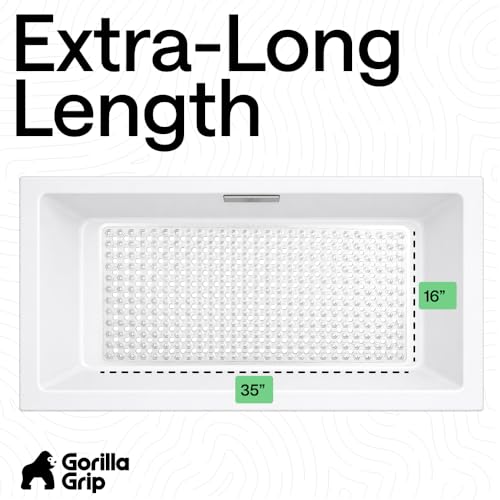 GORILLA GRIP Patented Bath Tub Shower Mat, Machine Washable Bathtub Floor Liner Mats, Suction Cups and Drain Holes to Keep Tubs Clean, Soft on Feet, Bathroom Essentials, 35x16 Inch, Clear