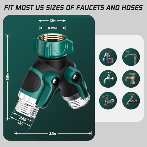 2 Way Garden Hose Splitter with Shut Off Valve,Water Spigot Splitter for 3/4" Hose Connector,Heavy Duty Metal Outdoor Faucet Splitter Y Connector for Garden Hose,with 3 Leakproof Washers & 1 tape
