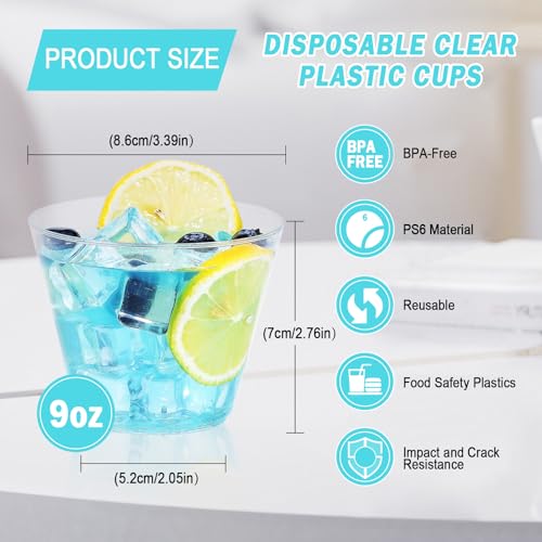 BYSNOW 100 Pack 9 oz Clear Plastic Cups, Plastic Wine Cups for Cocktail Party, Polystyrene Hard Cup with Higher Heat Resistance(9oz 100count)