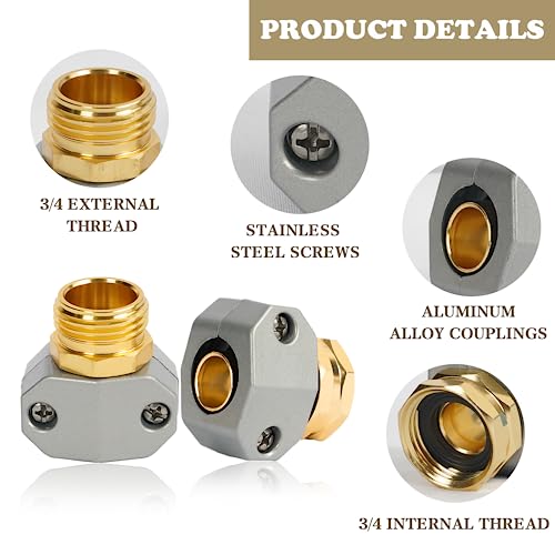 Hourleey Garden Hose Repair Kit, 2 Sets Aluminum Alloy Garden Hose End Mender, Male and Female Water Hose Repair Fittings, Fit 5/8" and 3/4" Connector, with 4 Extra Hose Washers
