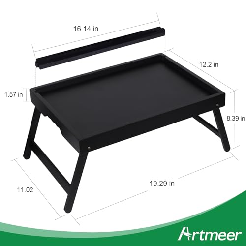 Bed Tray Table with Handles Folding Legs,Bamboo Breakfast Food Tray with Media Slot,Use As Platter,Laptop Desk,Snack,TV Tray Kitchen Serving Tray Black Large