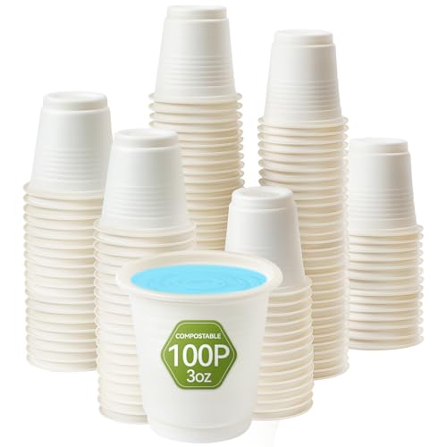 Compostable Disposable 3oz Bathroom Cups 100P Mouthwash Eco Friendly Plastic Paper Cups Biodegradable Bath Rinse Medicine Urine, Replace Mini Small Bathroom Cup 3 oz Paper Plastic Cup