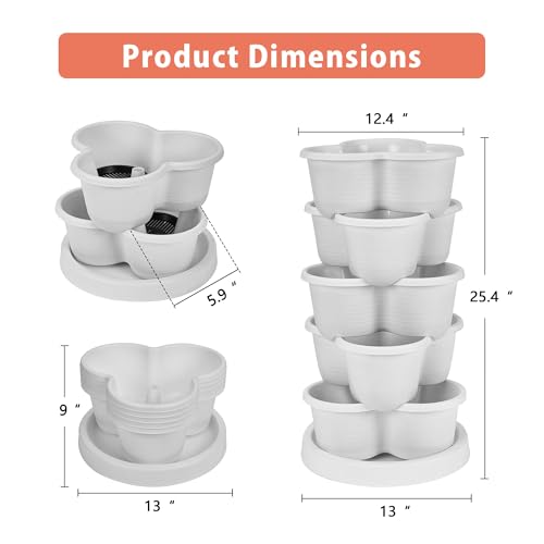 VECELO 5 Tier Vertical Garden Planter, Self Watering Stackable Planters with Wheels for Strawberries, Herbs, Flowers, Vegetables, White