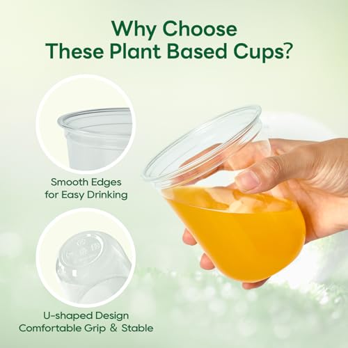 Vplus 12 oz Compostable Clear Plastic Cold Cups, 100 Pack Biodegradable Disposable Cups, BPA & PFAS Free, Plant-Based Plastic Cups for Juice, Wine, Parties, Weddings, and Everyday Use