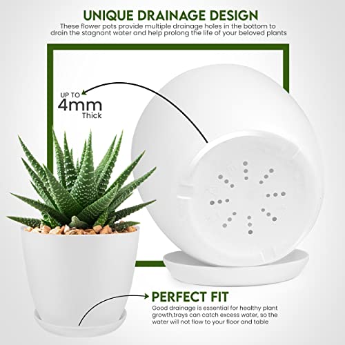 Utopia Home Plant Pots Indoor with Drainage Holes – Set of 5 White Plastic Flower Pots (7/6.6/6/5.3/4.8 Inch) – Modern Planters for Indoor Plants, Room & Office Décor, Great Stocking Stuffers