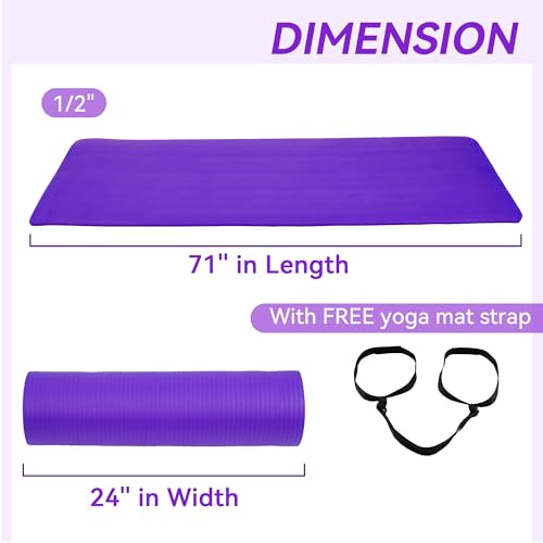 Fitvids Yoga Mat, 1/2-Inch Extra Thick High Density Exercise Mat, Anti-Tear Exercise Yoga Mat with Carrying Strap, Suitable for Various Yoga Exercises