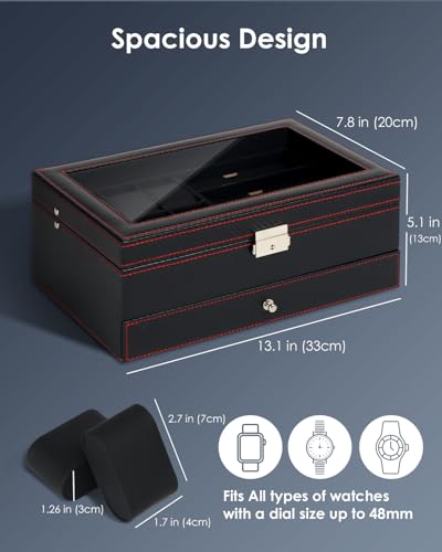 Kukikan Watch Jewelry Box Organizer, 6-Slot 2-Layer Watch Case and Sunglasses Storage with Large Glass Lid, Men's Jewelry Box with Lock, Watch Holder Display Case, Fathers Day Gift for Dad