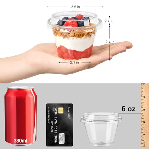 50 Pack 6 oz Plastic Dessert Cups with Lids, Small Plastic Yogurt Parfait Cups, Mini Round Party Serving Cup for Pudding, Fruit, Cake, Appetizer, Dessert Shot Glasses