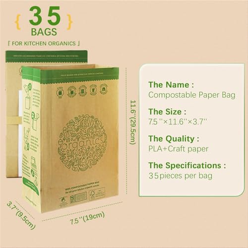 Hytrend-Kitchen Food Waste Bag-35 Bags-%100 Compostable paper Bag - Leak Resistant Liner - Small-Certified by BNQ and BPI,CMA-I,CMA-W