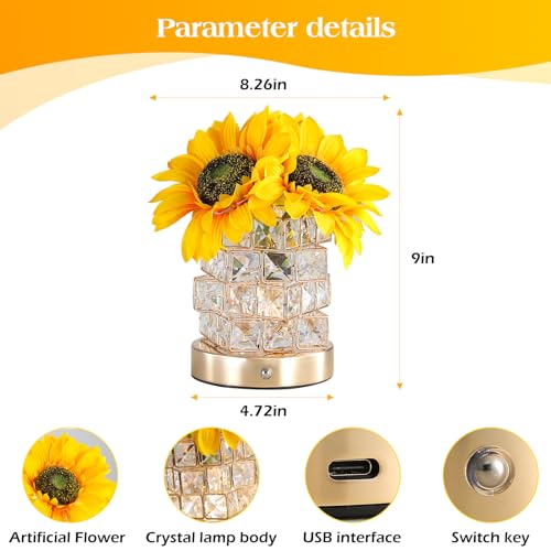 AMWGIMI Sunflowers Flower Lamp,Rechargeable Cordless Touch Table Lamp,3-Colour Infinitely Dimming Small Night Light,Festival Restaurant Bedroom Bar Coffee Shop Birthday Gifts for Women Mom