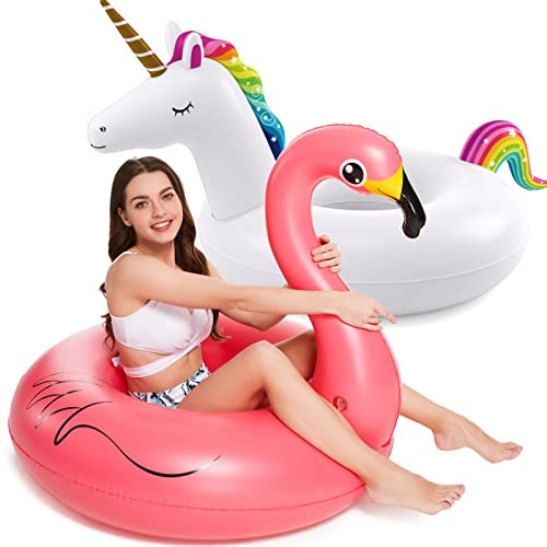Jasonwell 2 Pack Unicorn Flamingo Pool Floaties - Inflatables Rafts for Swimming, Lake, Beach - Floaty Swim Rings for Adults, Kids