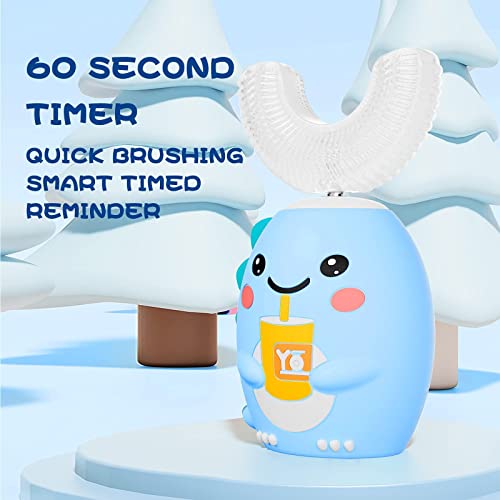 DYCROL Kids U Shaped Electric Toothbrush with 4 Brush Heads, Sonic Toothbrush Kids with 5 Modes, Cartoon Dinosaur 360-Degree Cleaning IPX7 Waterproof Design (2-6 Age (Blue))