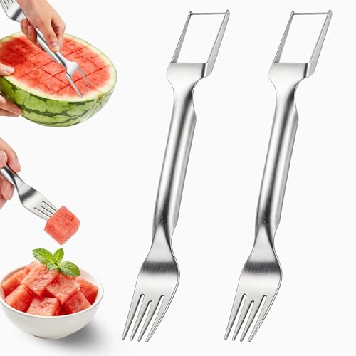 Watermelon Fork Slicer Cutter, 2-in-1 Stainless Steel Watermelon Slicer & Fruit Fork, Summer Kitchen Gadget for BBQ Parties, Camping & RV Adventures